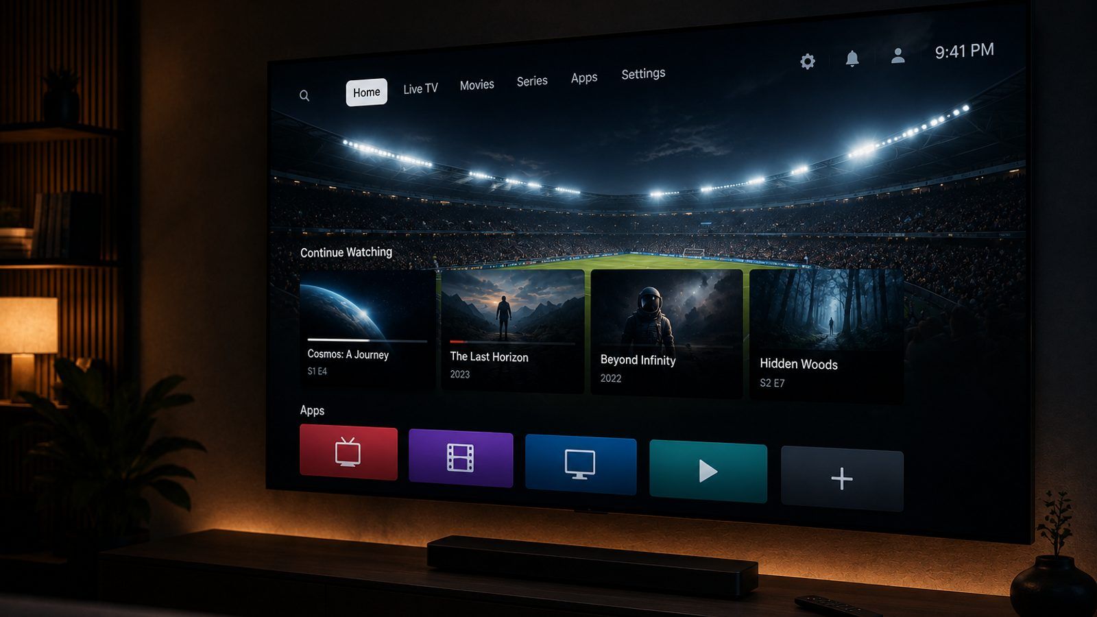 Samsung Smart TV i daljinski u zamračenoj dnevnoj sobi s IPTV plejerom na ekranu