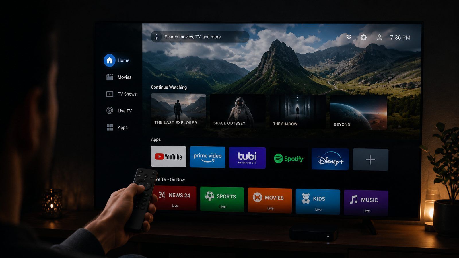Android TV box i daljinski pored televizora s IPTV plejerom u zamračenoj sobi