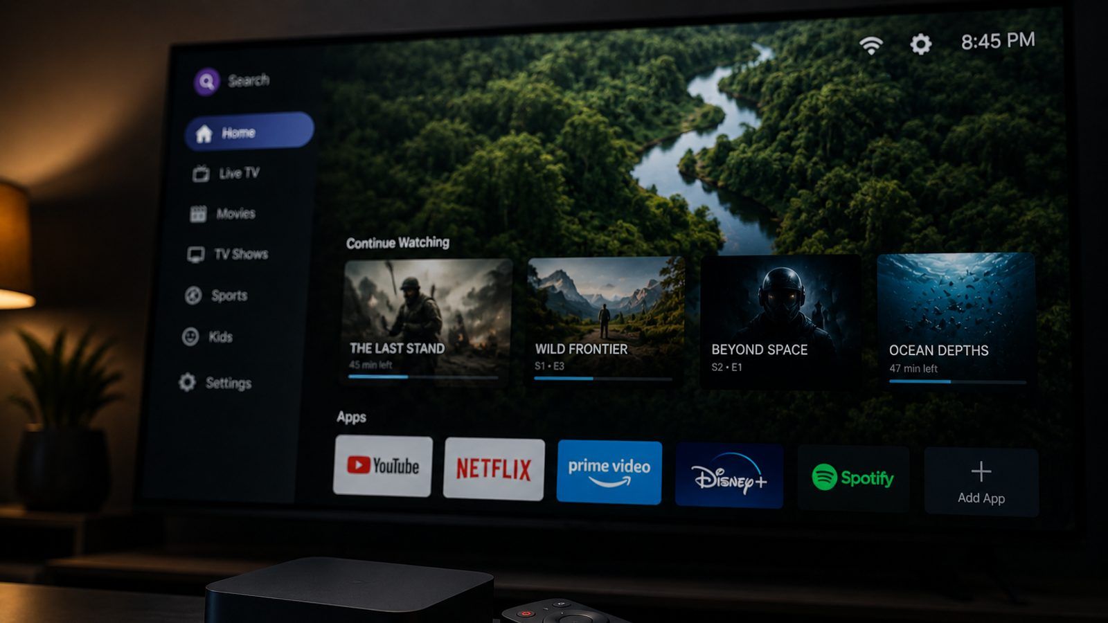 Android TV box i daljinski pored televizora s IPTV plejerom u zamračenoj sobi
