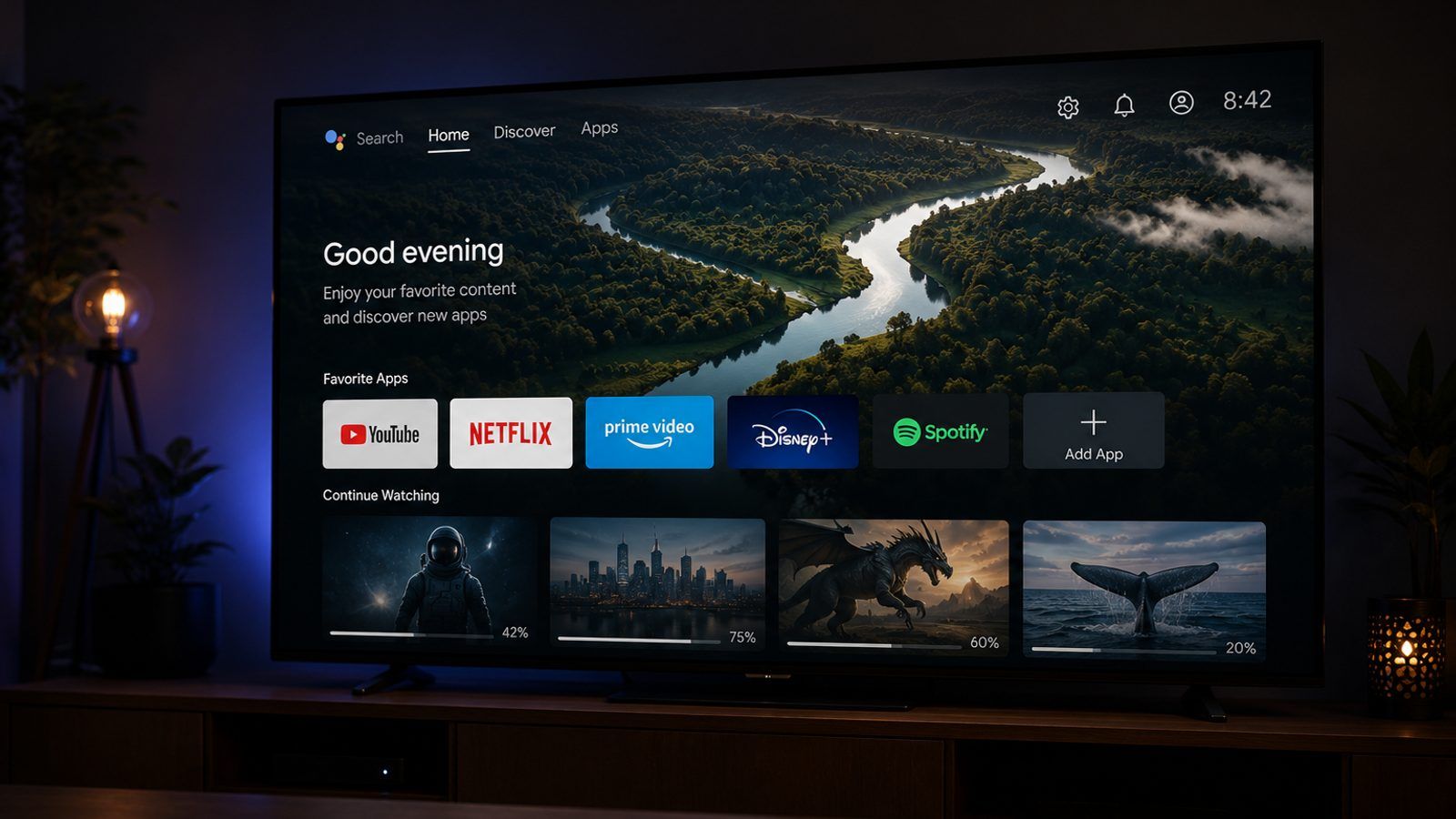 LG Smart TV i daljinski u zamračenoj dnevnoj sobi s IPTV plejerom na ekranu