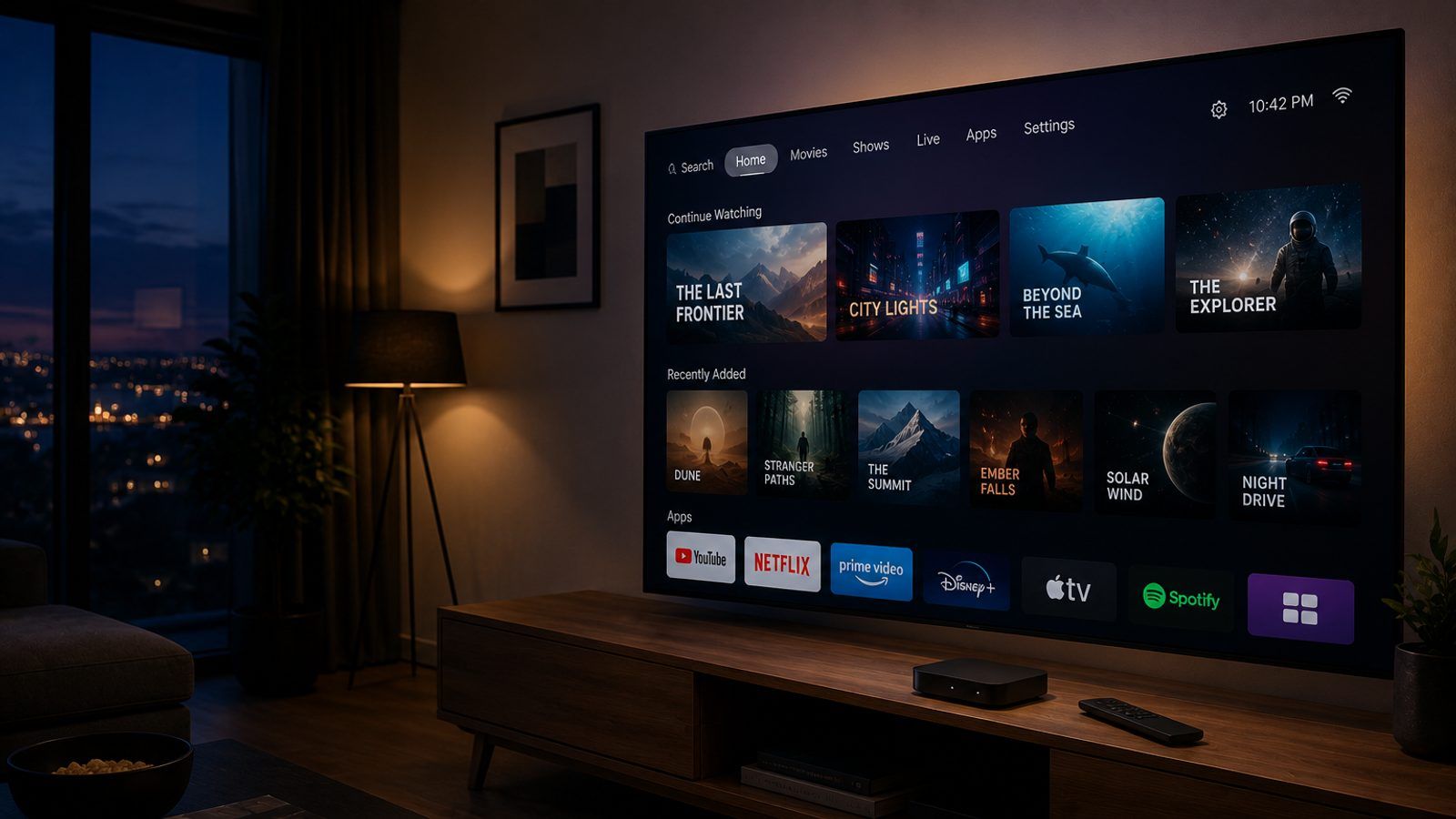 Apple TV kutija i daljinski pored velikog televizora s IPTV plejerom u zamračenoj sobi
