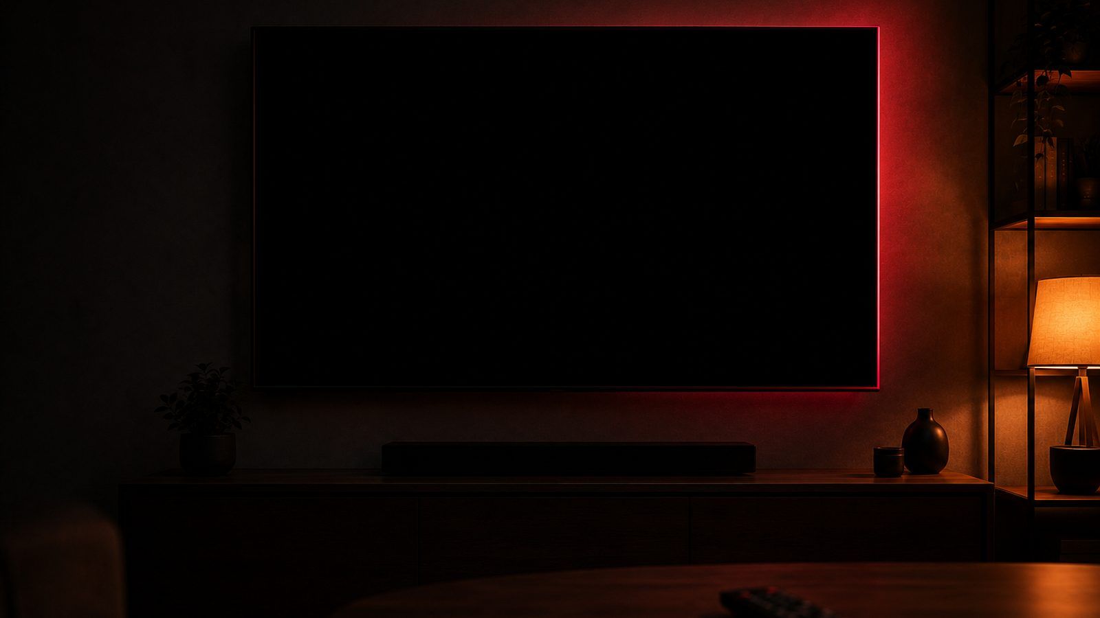 Televizor s potpuno crnim ekranom u zamračenoj dnevnoj sobi, daljinski na stolu