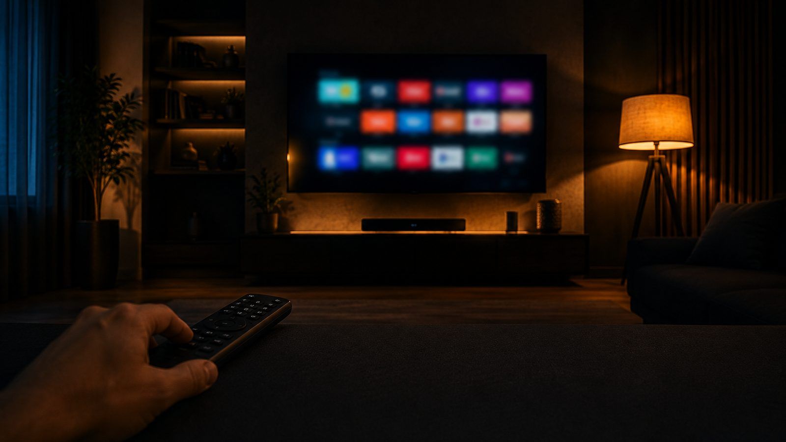 Daljinski upravljač uperen u televizor s Android TV početnim ekranom prekrivenim ikonicama aplikacija