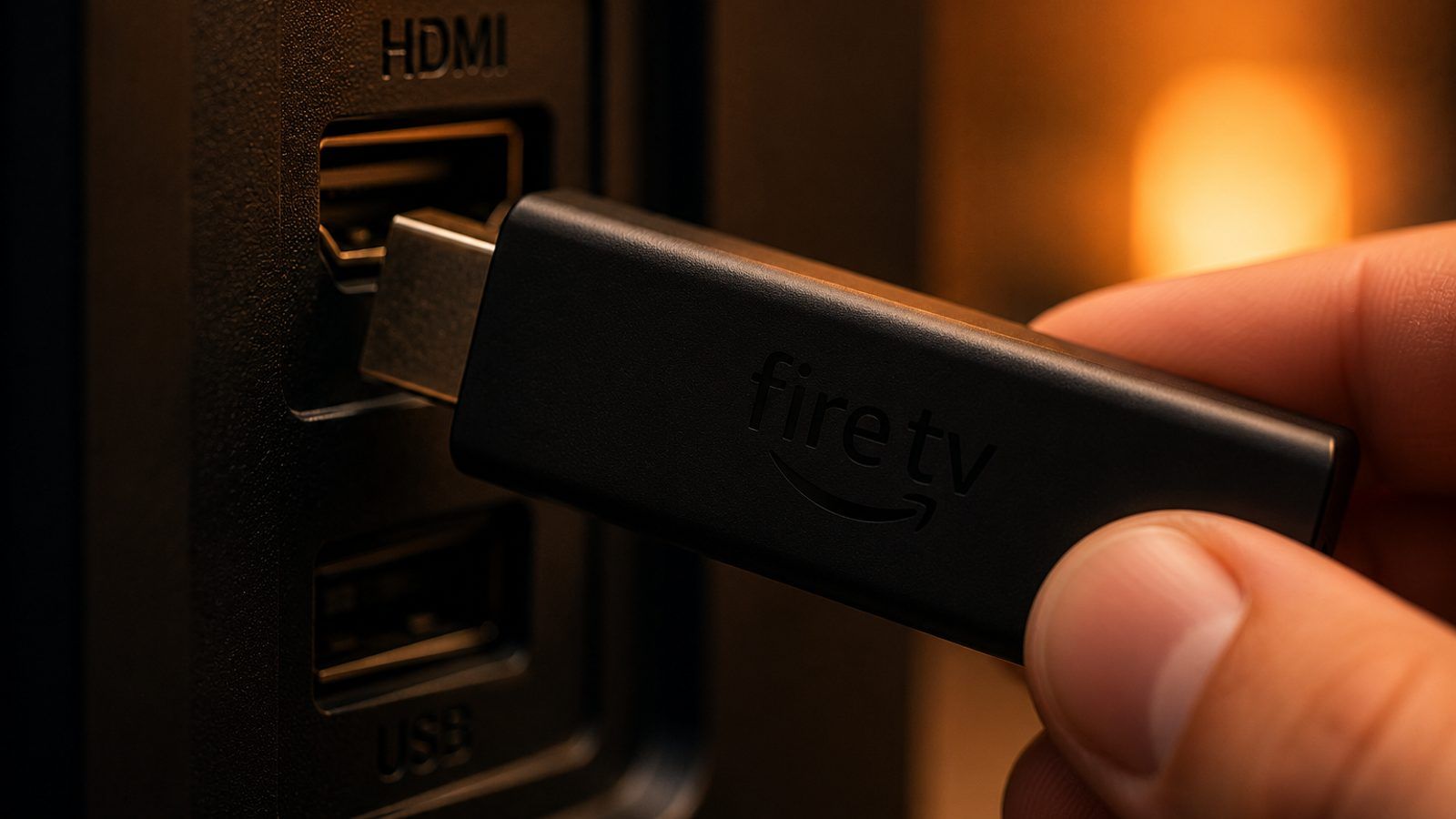 Fire TV Stick uređaj se priključuje u HDMI port na televizoru, krupni plan