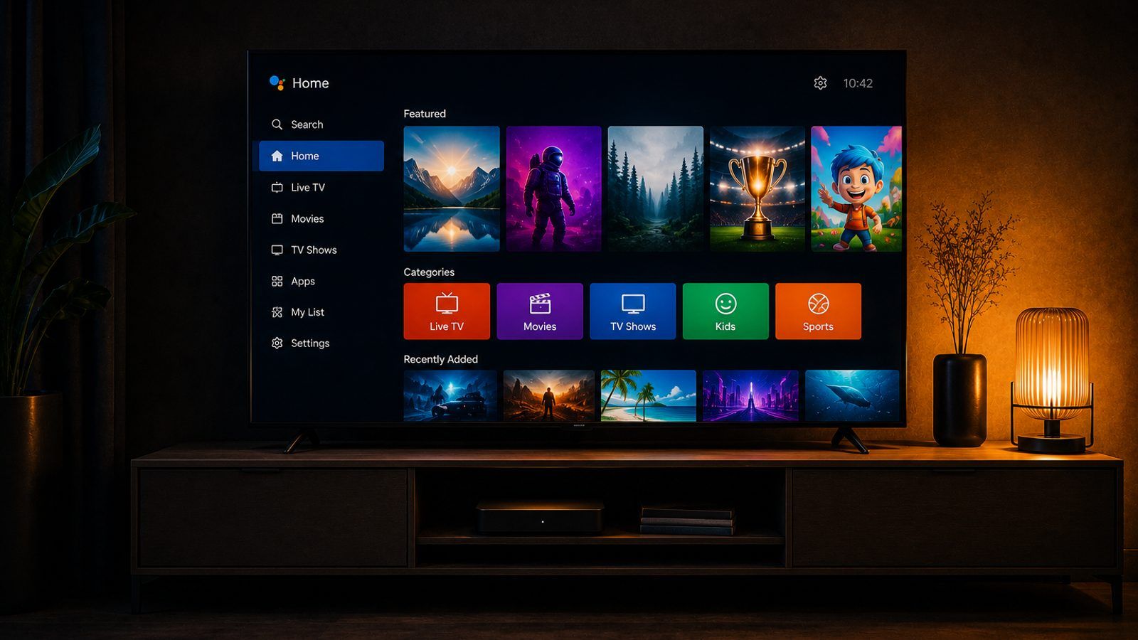 Hisense televizor na zidu u zamračenoj sobi s apstraktnim sjajem aplikacija na ekranu