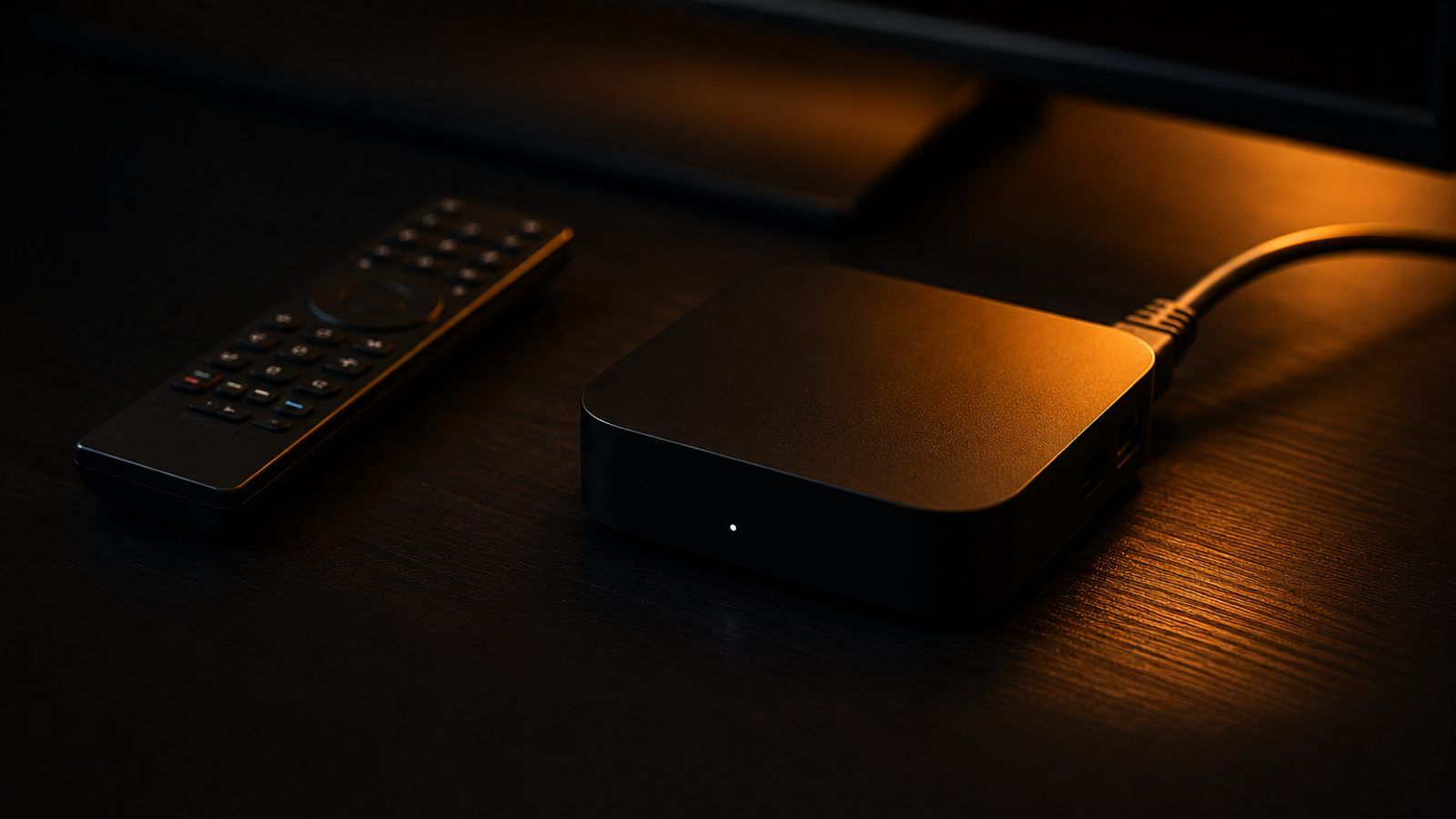 Set-top box uređaj priključen na televizor kablovima, s daljinskim upravljačem u prvom planu
