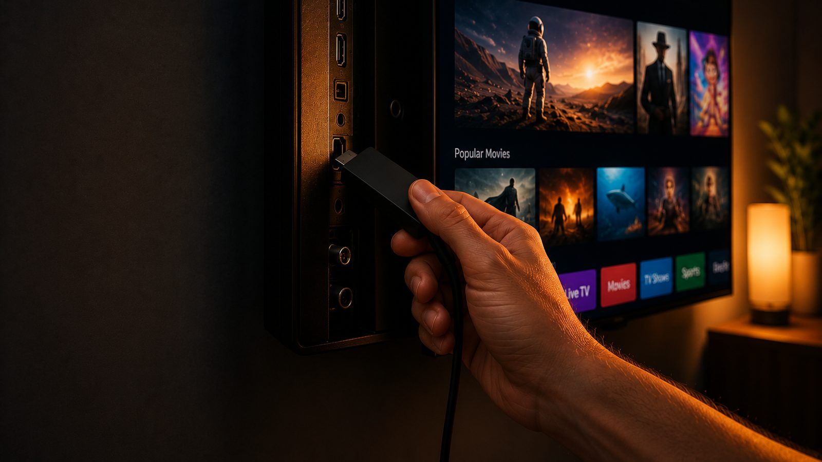 Roku stick uređaj se priključuje u HDMI ulaz televizora, s daljinskim u prvom planu
