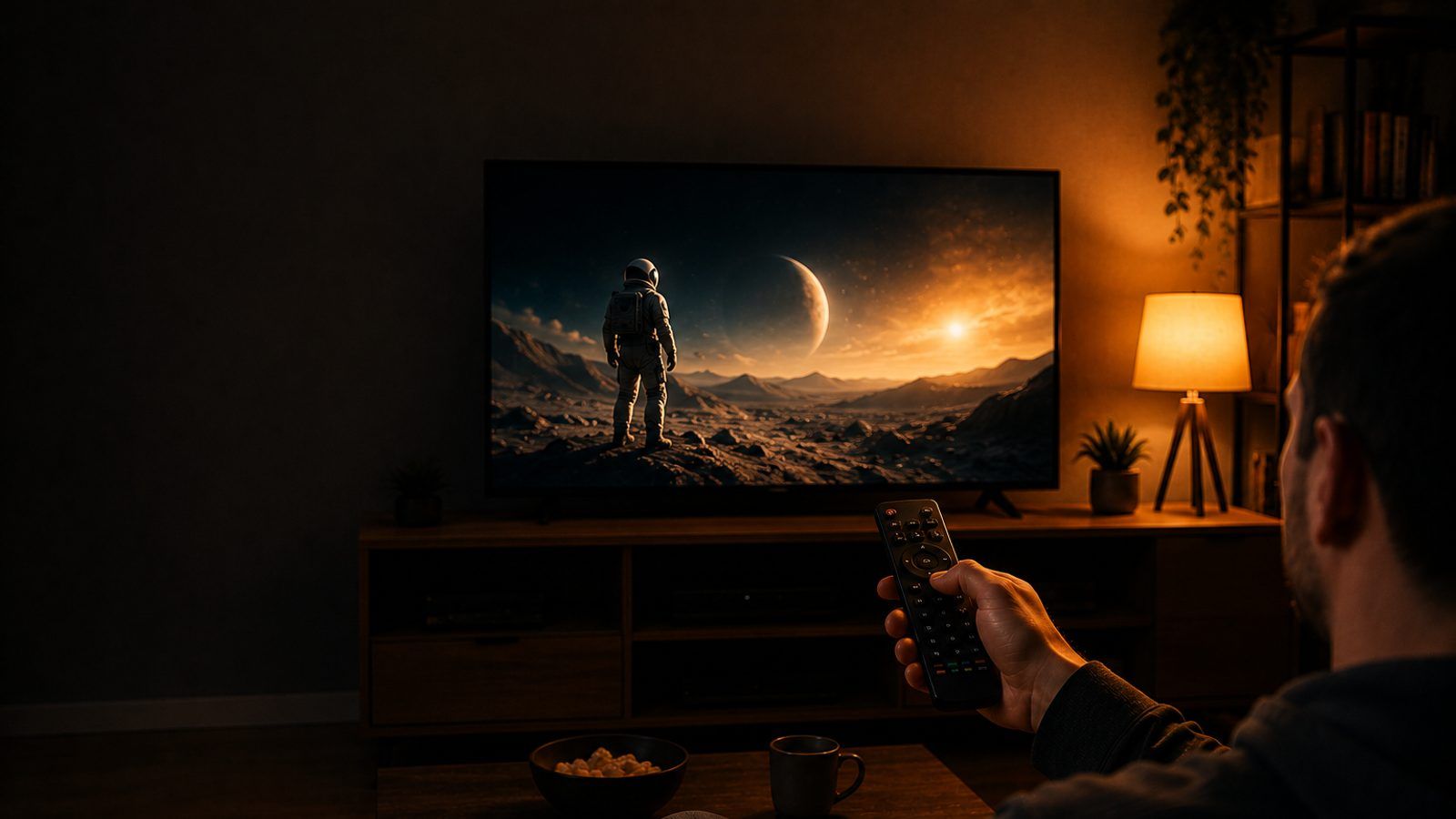 Budžetni televizor u zamračenoj sobi s daljinskim u prvom planu i apstraktnim sjajem na ekranu