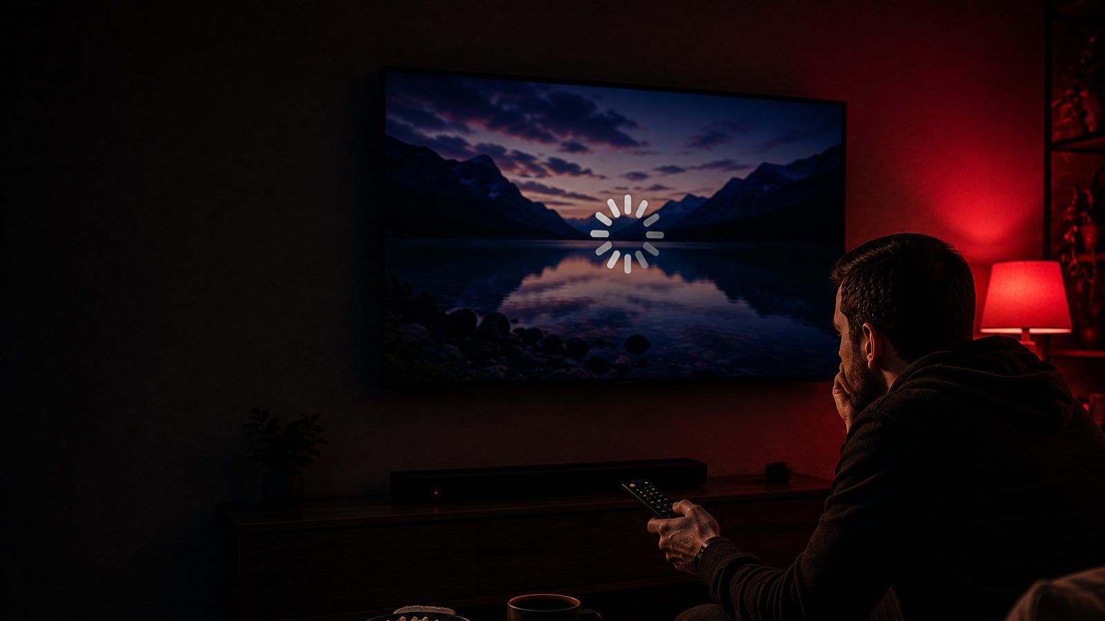 Televizor s praznim menijem IPTV aplikacije bez kanala, u zamračenoj sobi