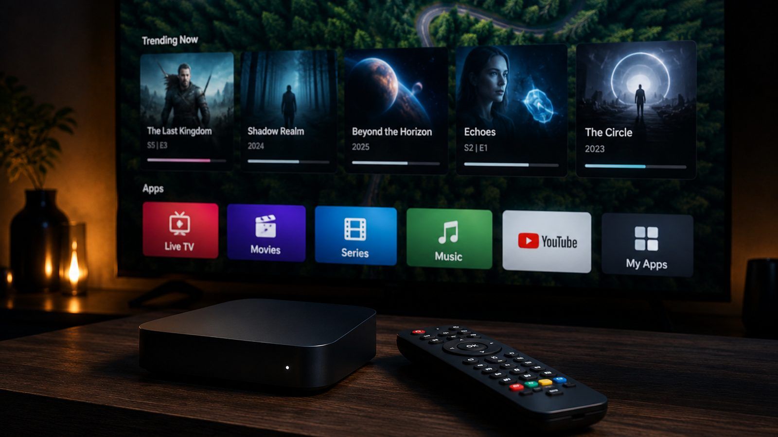 Android TV box i daljinski pored televizora s IPTV plejerom u zamračenoj sobi