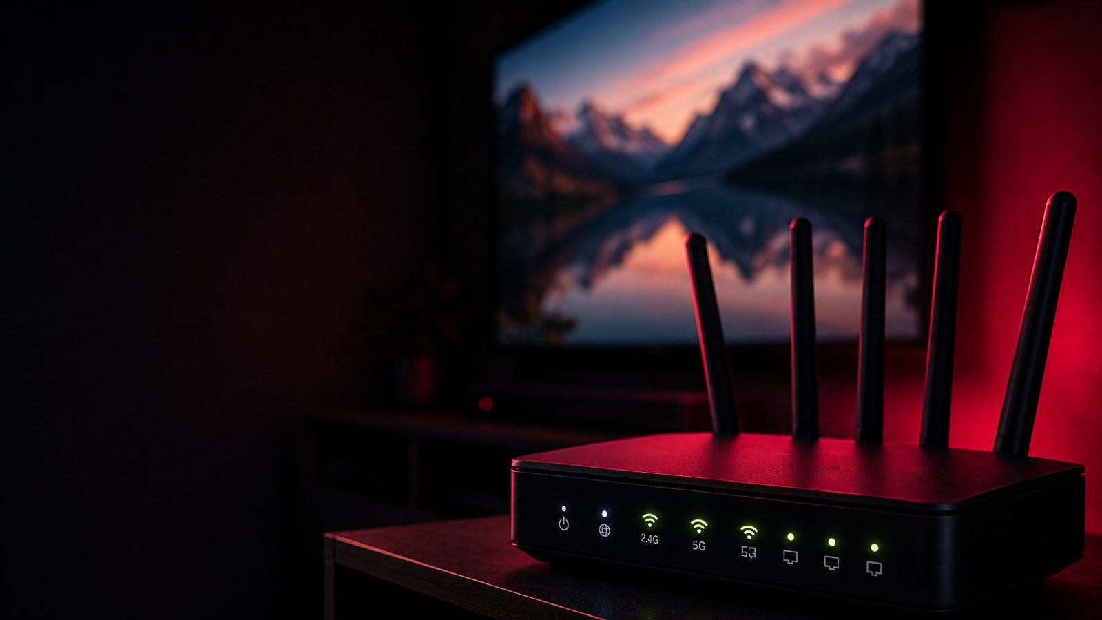WiFi ruter s upaljenim lampicama na polici, u zamračenoj sobi s televizorom u pozadini