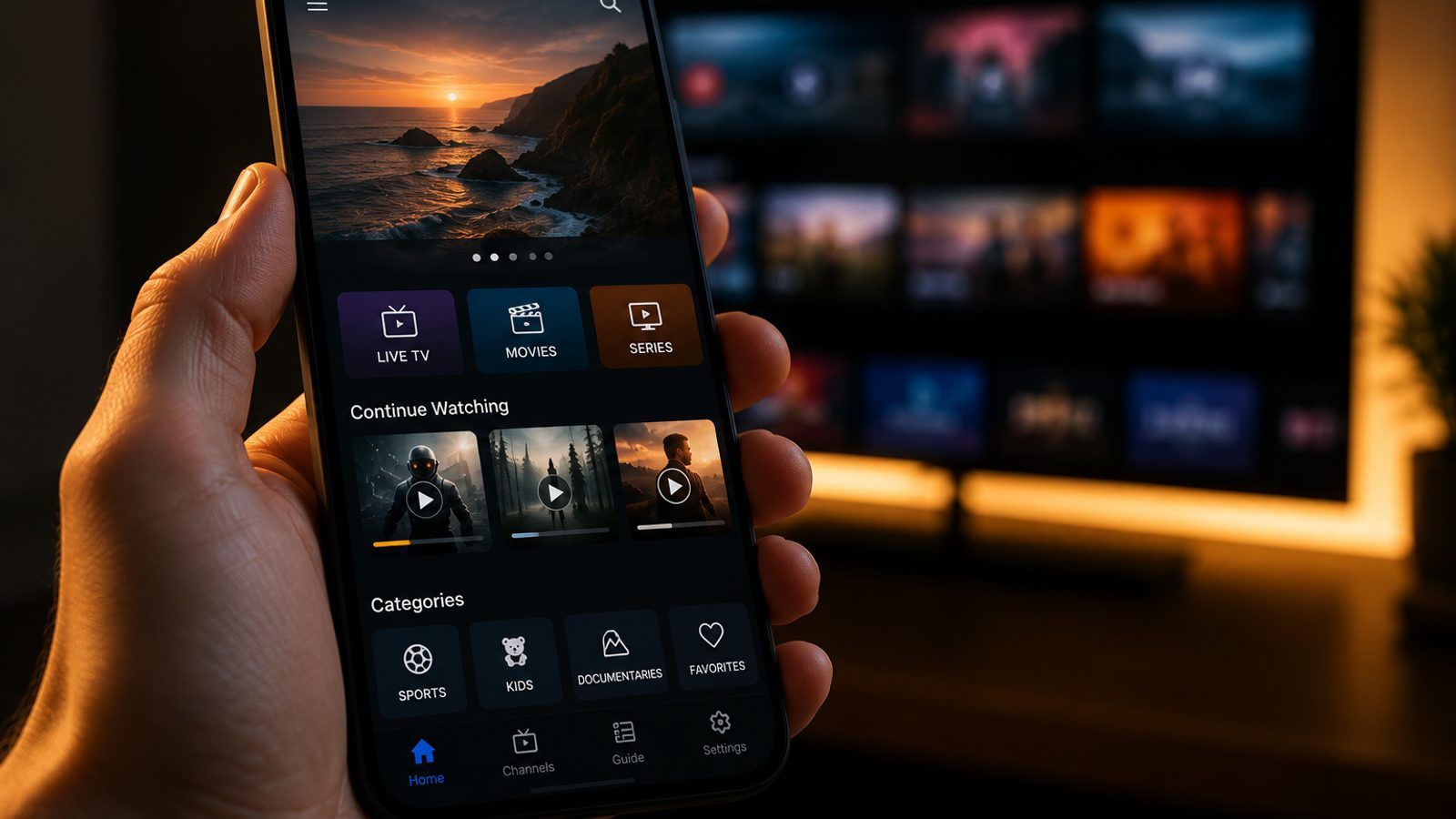 iPhone u ruci s IPTV plejerom i televizor u pozadini u zamračenoj dnevnoj sobi