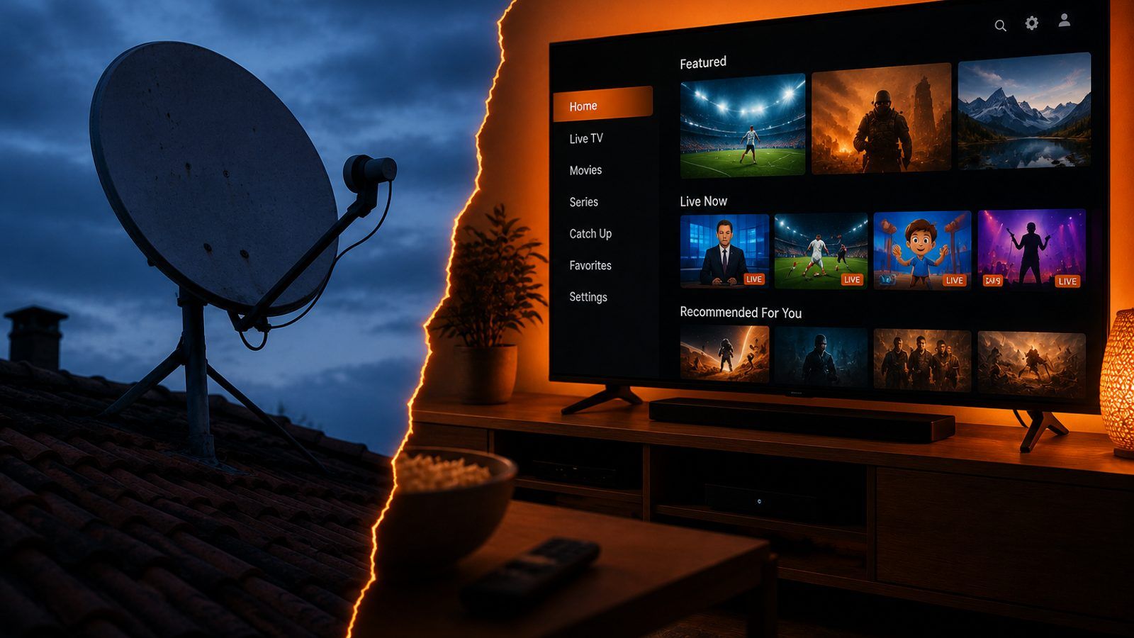 Podijeljena slika: satelitska antena na krovu i moderan TV u dnevnoj sobi