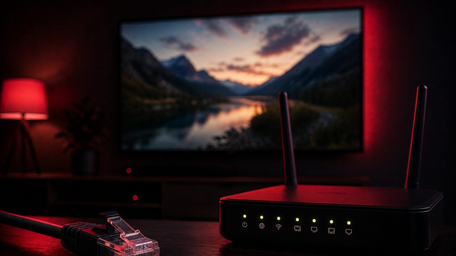 LAN kabl i WiFi ruter pored televizora u dnevnoj sobi, krupni plan priključka
