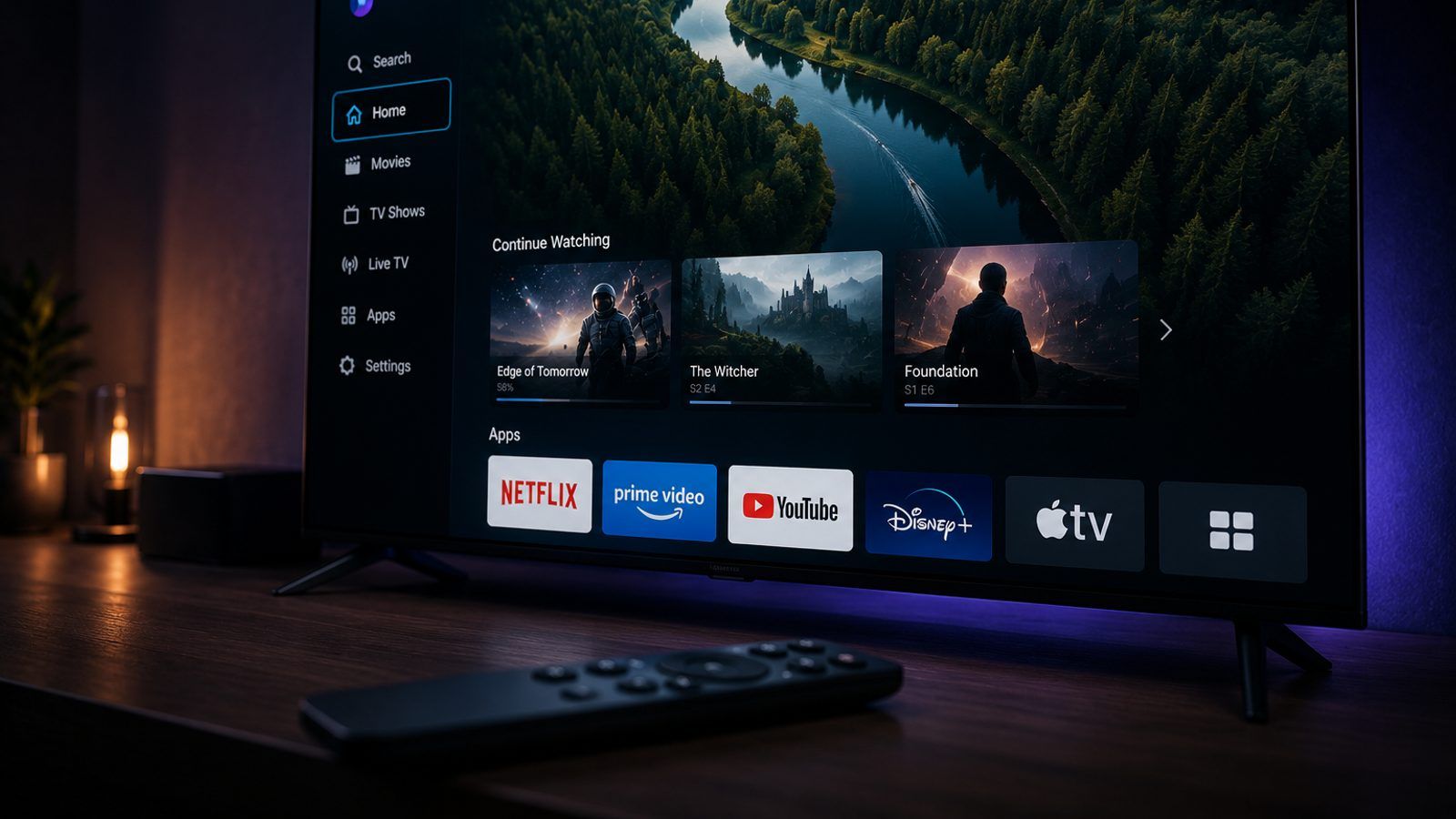 Veliki televizor s IPTV plejerom i Apple TV daljinski na stolu u zamračenoj sobi