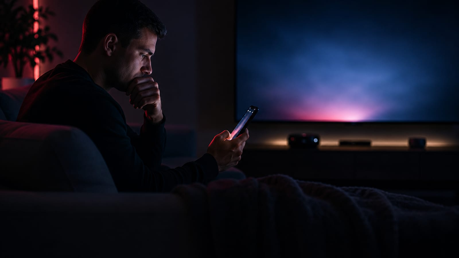 Osoba s telefonom provjerava IPTV ponudu pred televizorom prije nego što plati pretplatu