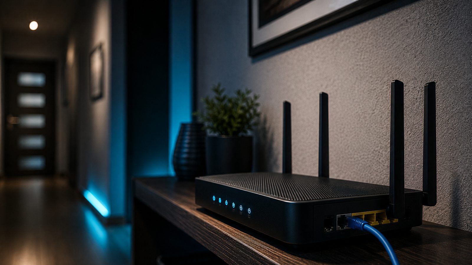 Wi-Fi ruter s upaljenim lampicama na polici u hodniku, kabl uključen