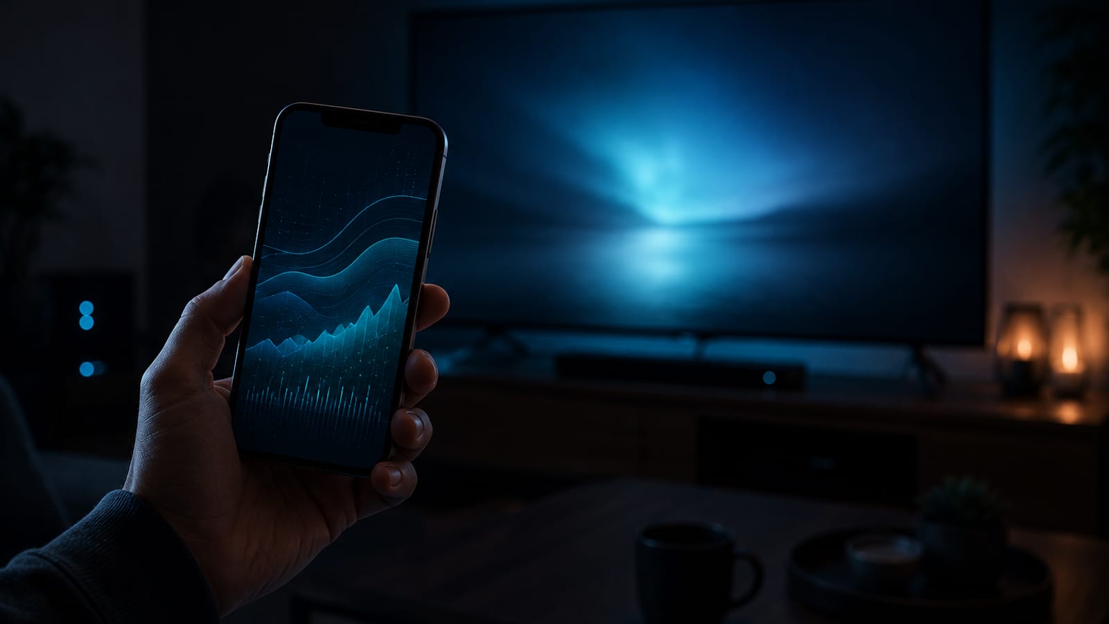 Ruka drži telefon s prikazom potrošnje mobilnih podataka ispred upaljenog televizora
