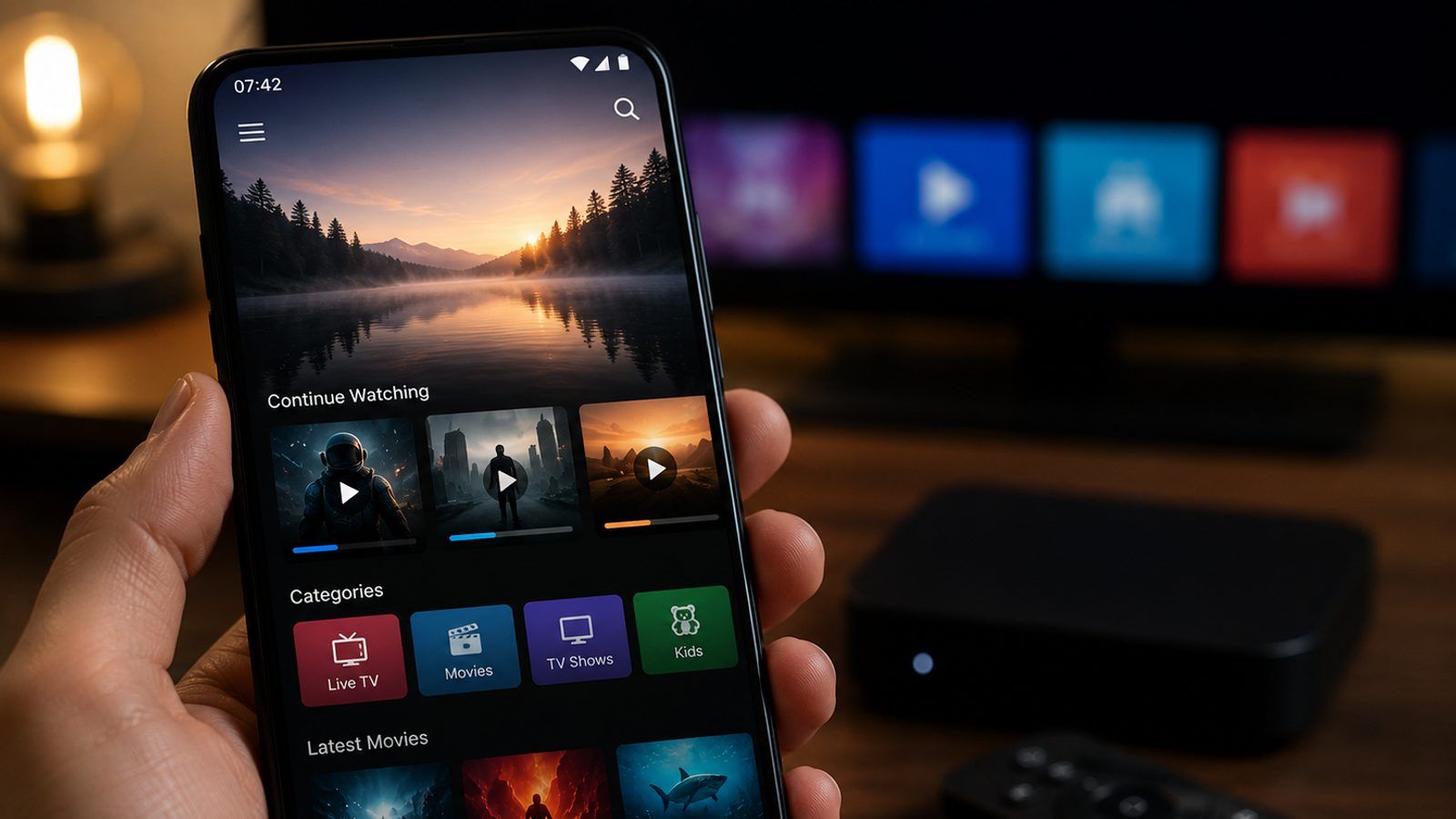Android telefon i TV box pored televizora s IPTV plejerom u zamračenoj sobi