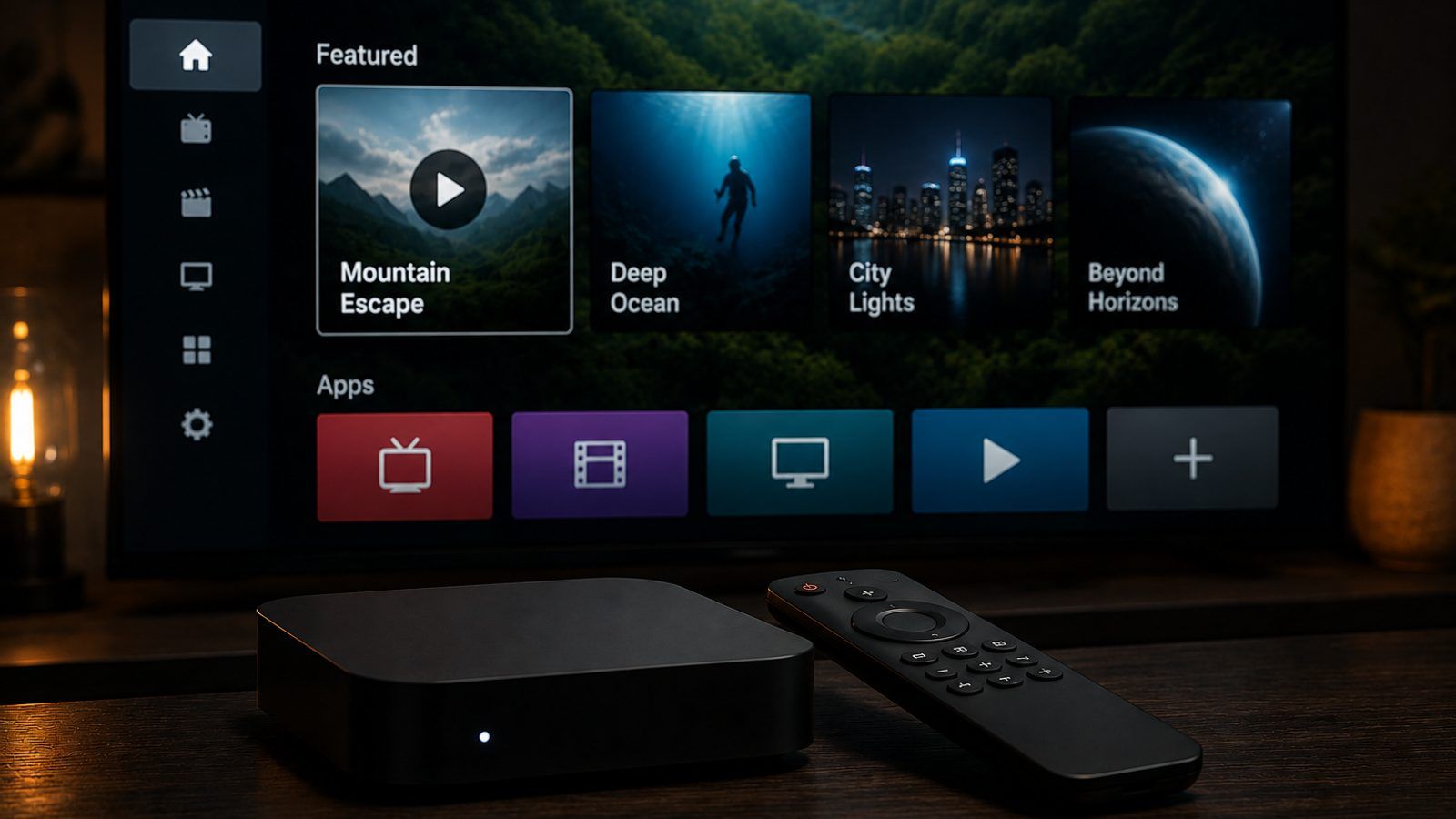 Android TV box i daljinski pored televizora s IPTV plejerom u zamračenoj sobi