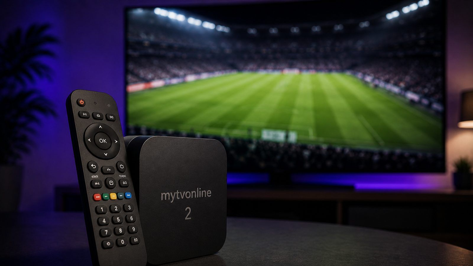 Formuler TV box i daljinski ispred velikog televizora s IPTV plejerom u zamračenoj sobi