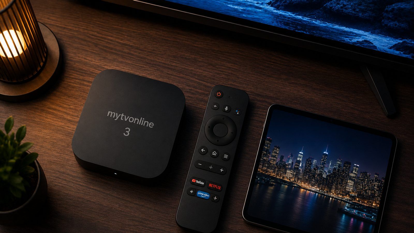 Noviji Formuler TV box i daljinski pored televizora s IPTV plejerom u zamračenoj sobi