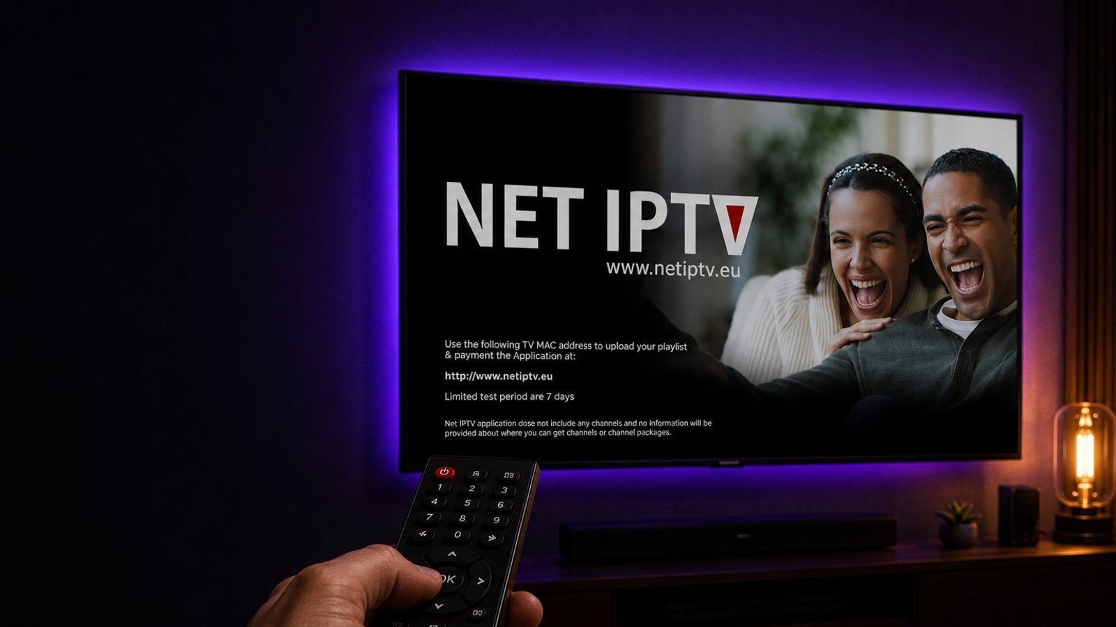 LG televizor s IPTV plejerom i daljinskim upravljačem, u zamračenoj sobi