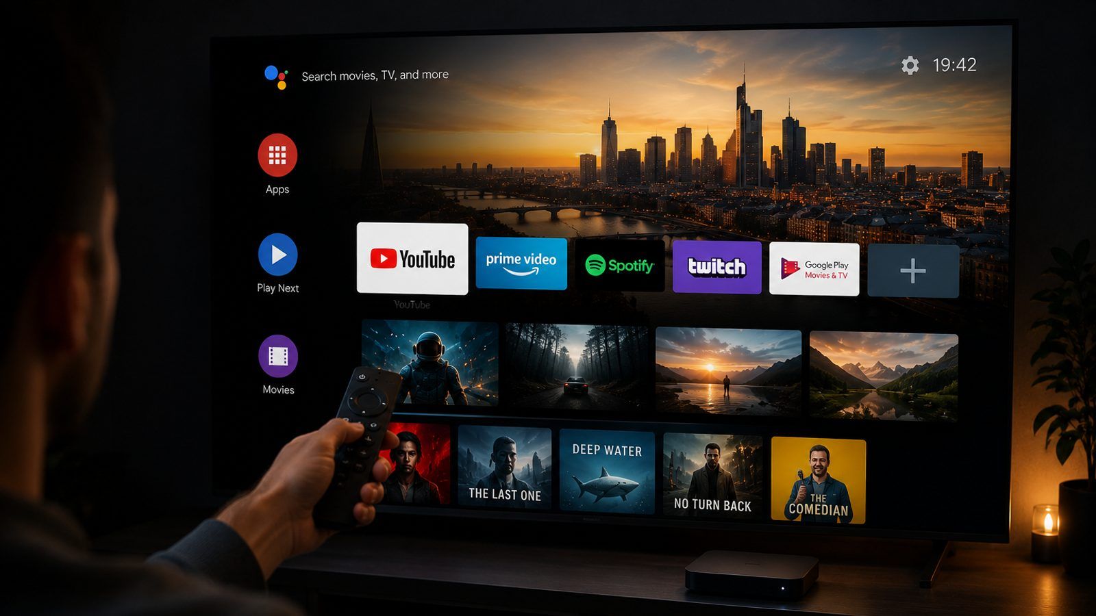 Android TV box i daljinski pored televizora s IPTV plejerom u zamračenoj sobi