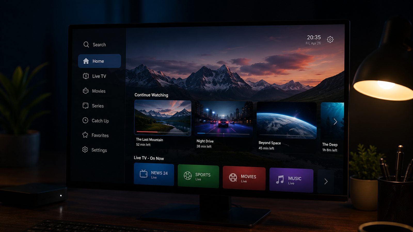 Android TV box i daljinski pored televizora s IPTV plejerom u zamračenoj sobi