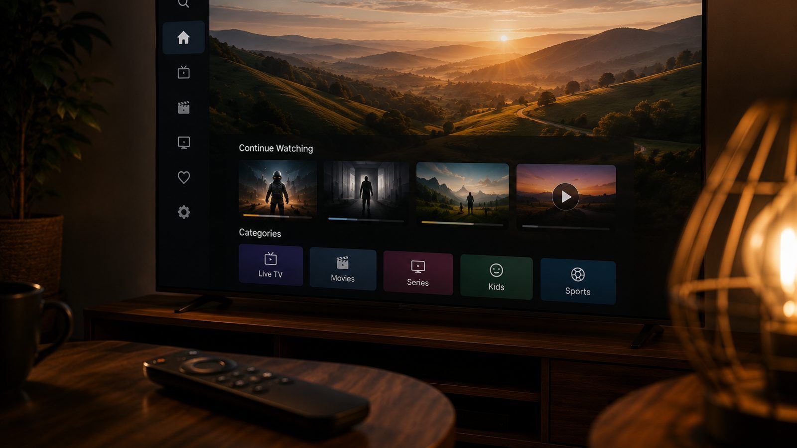 Smart TV i daljinski u zamračenoj dnevnoj sobi s IPTV plejerom na velikom ekranu
