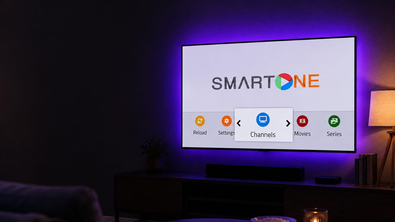Smart TV s otvorenim IPTV plejerom u dnevnoj sobi, daljinski u prvom planu