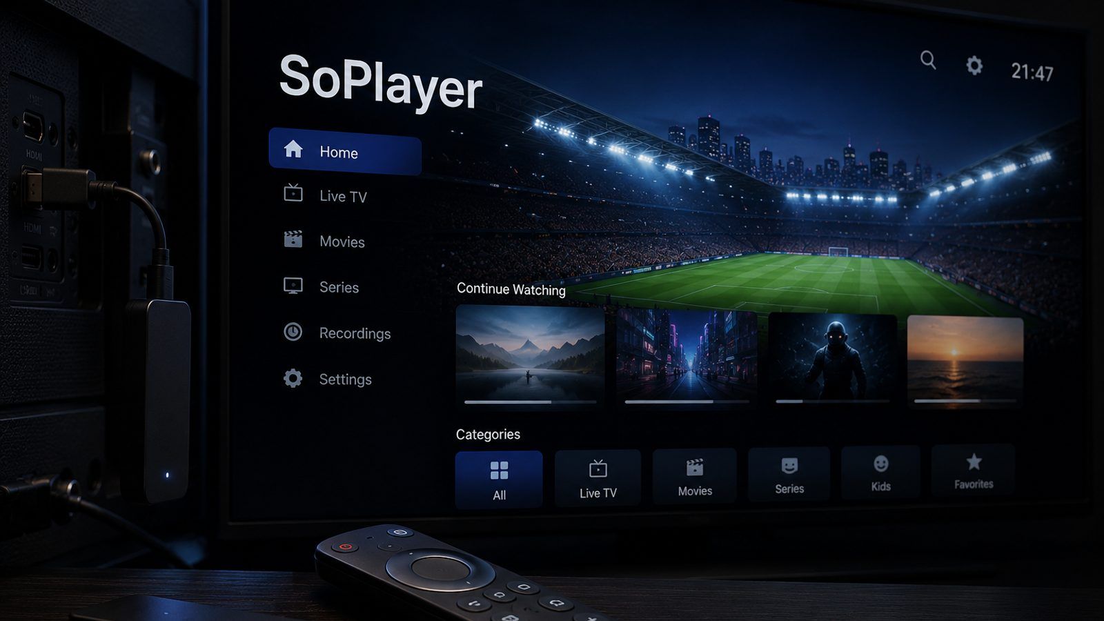 Fire TV Stick daljinski i televizor s IPTV plejerom u zamračenoj dnevnoj sobi