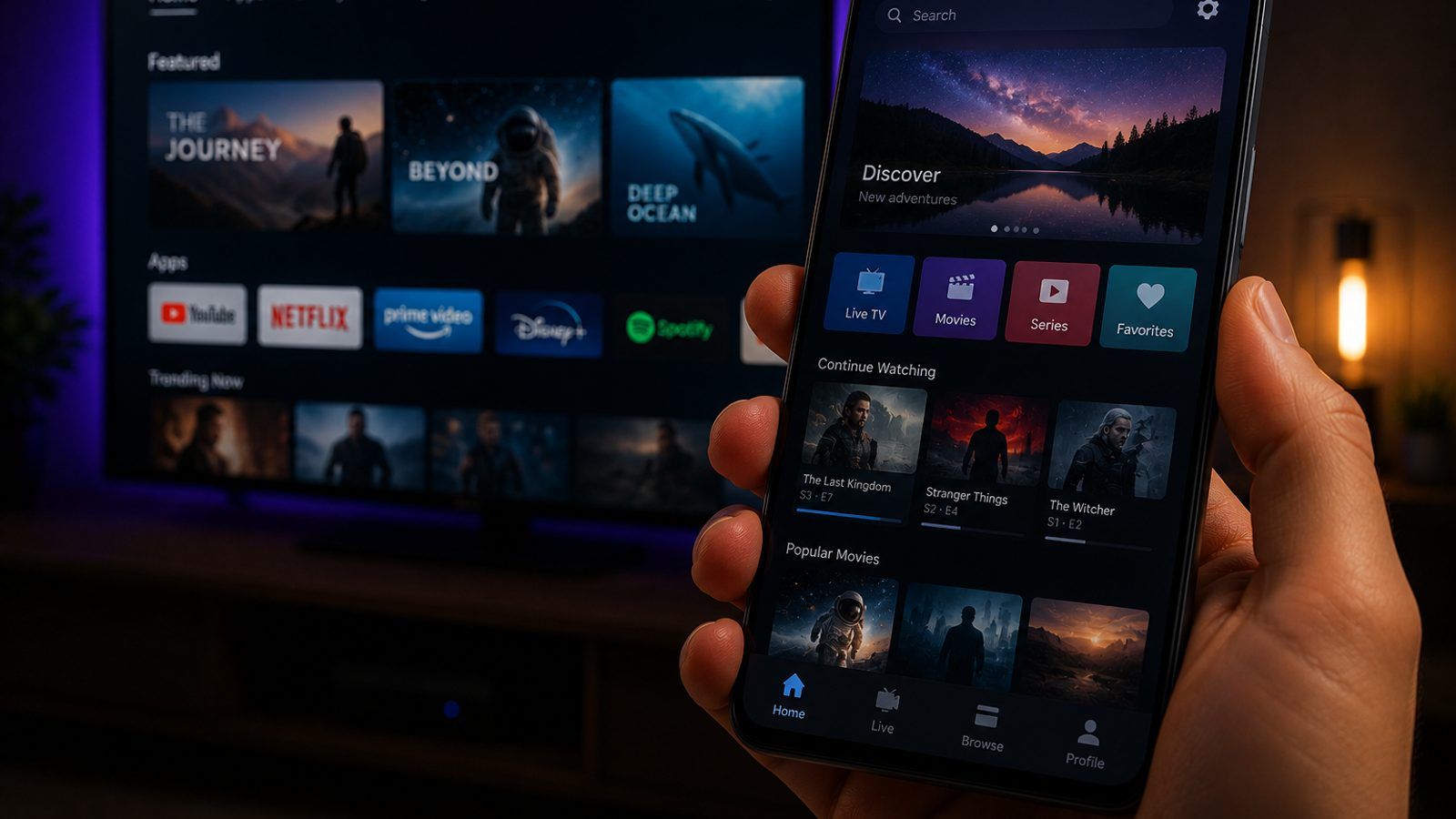 iPhone u ruci s IPTV plejerom i televizor u pozadini u zamračenoj dnevnoj sobi