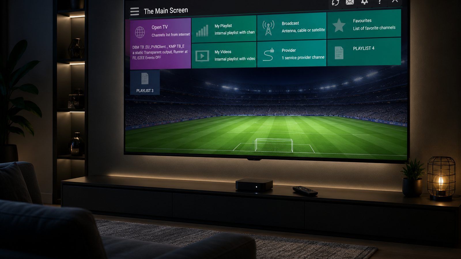 Samsung Smart TV i daljinski na zidu u zamračenoj dnevnoj sobi s IPTV plejerom