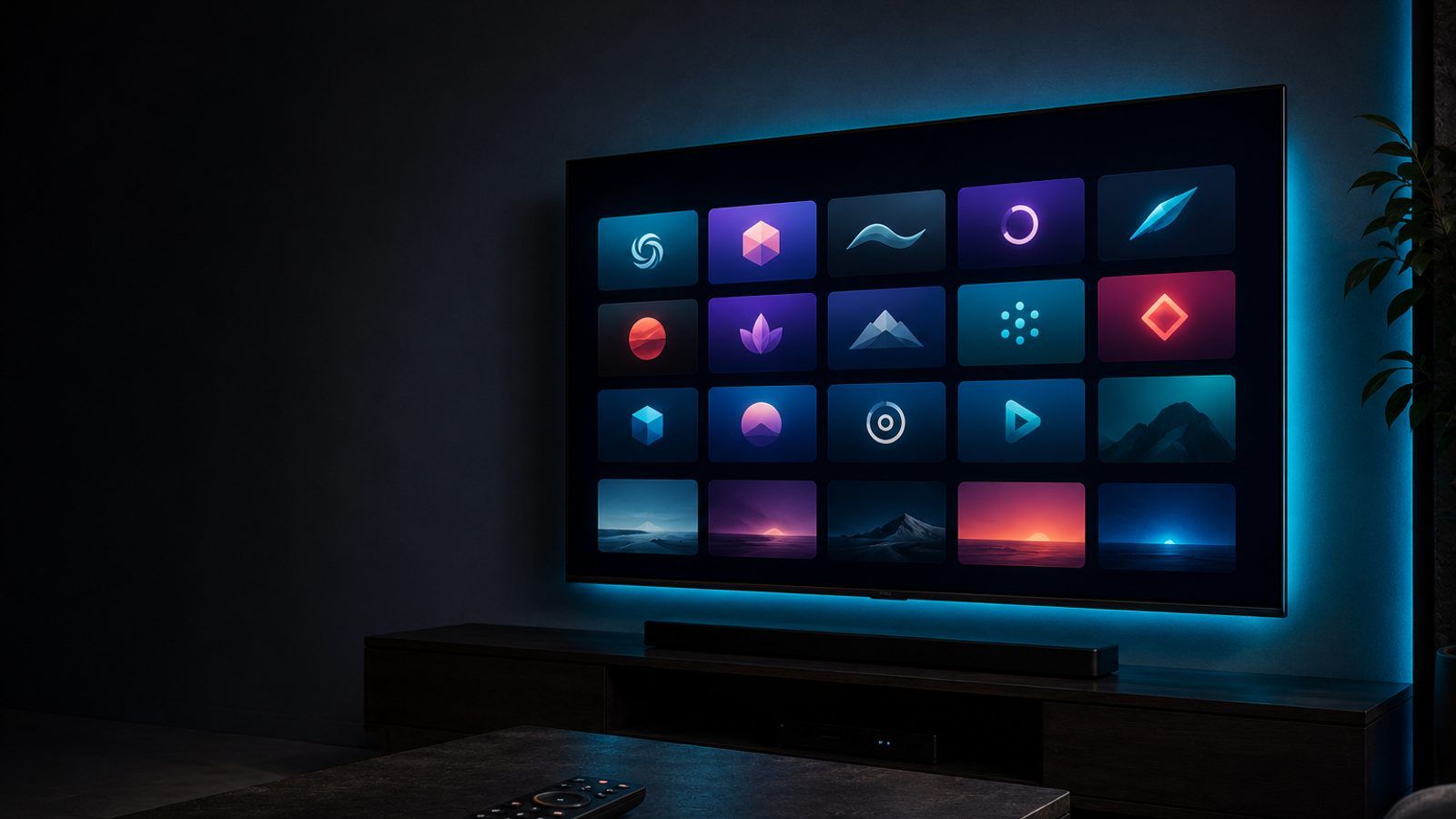 Pametni TV okačen na zid, osvijetljen plavim LED svjetlom, s mrežom ikonica aplikacija