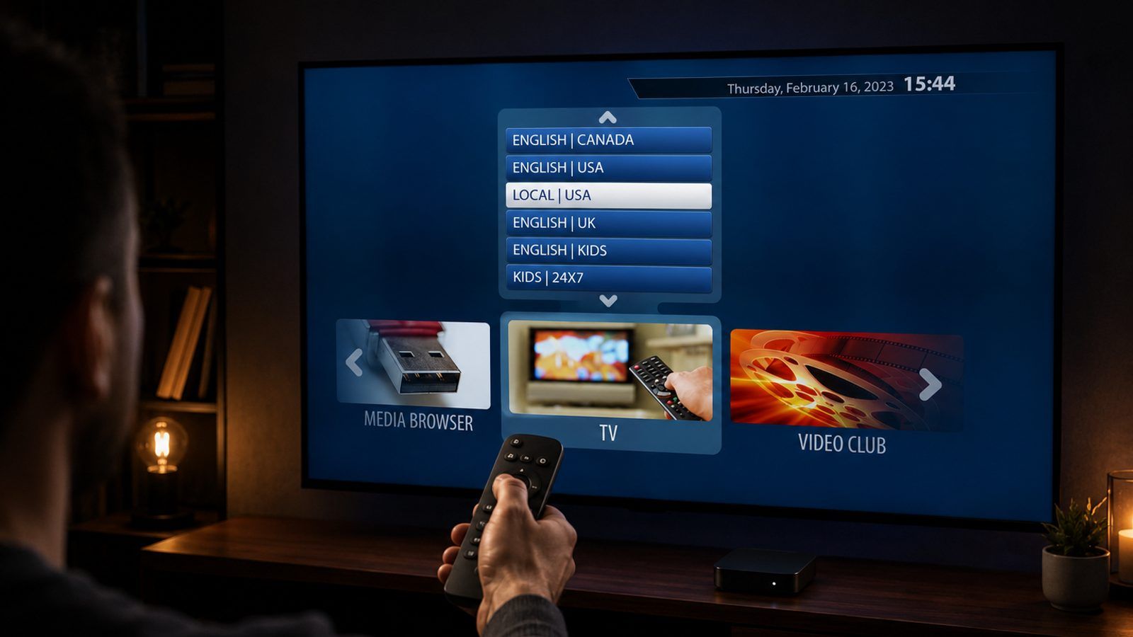 Android TV box i daljinski pored televizora s IPTV portal ekranom u zamračenoj sobi