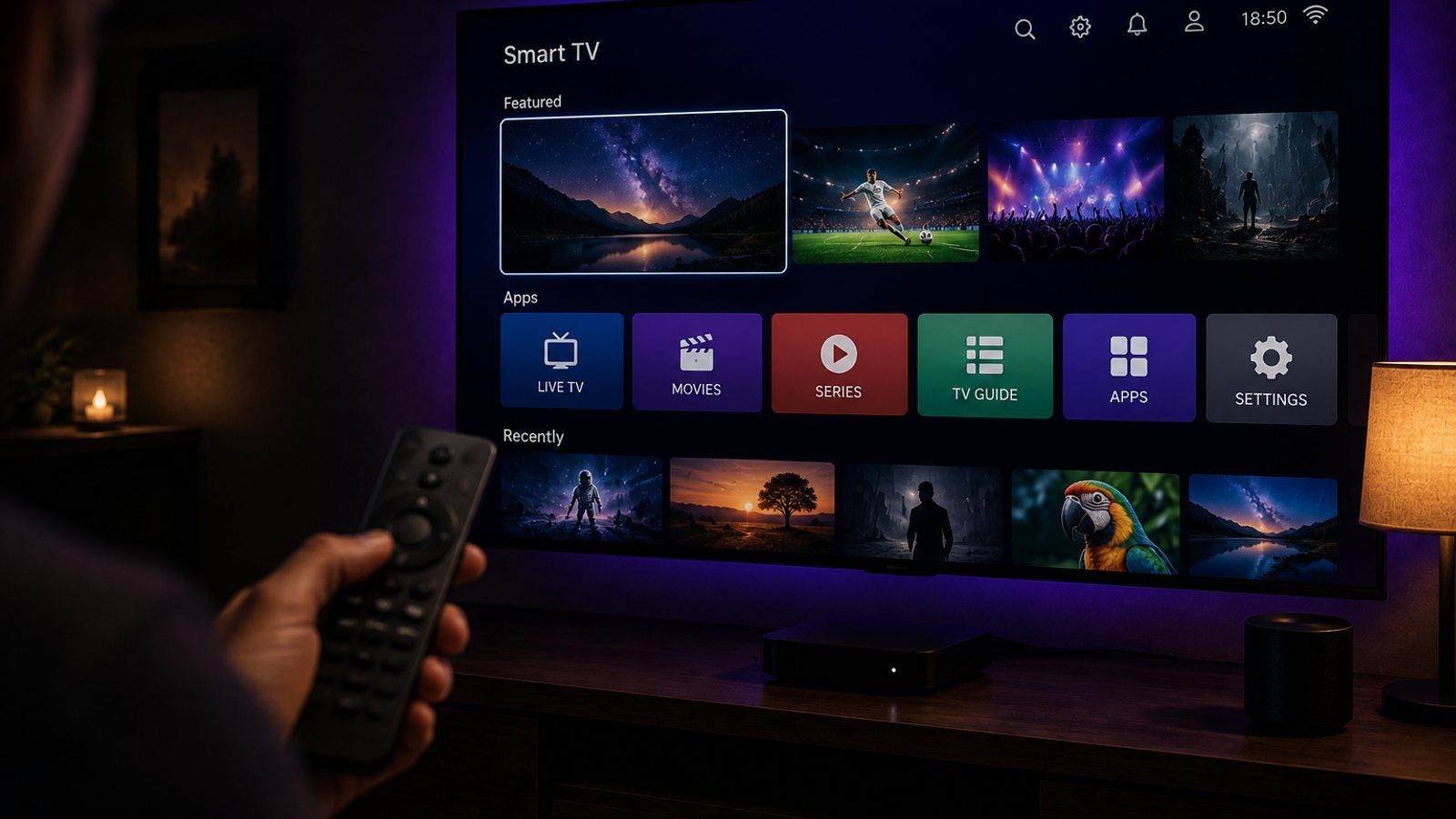 Android telefon i TV box pored televizora s IPTV plejerom u zamračenoj sobi