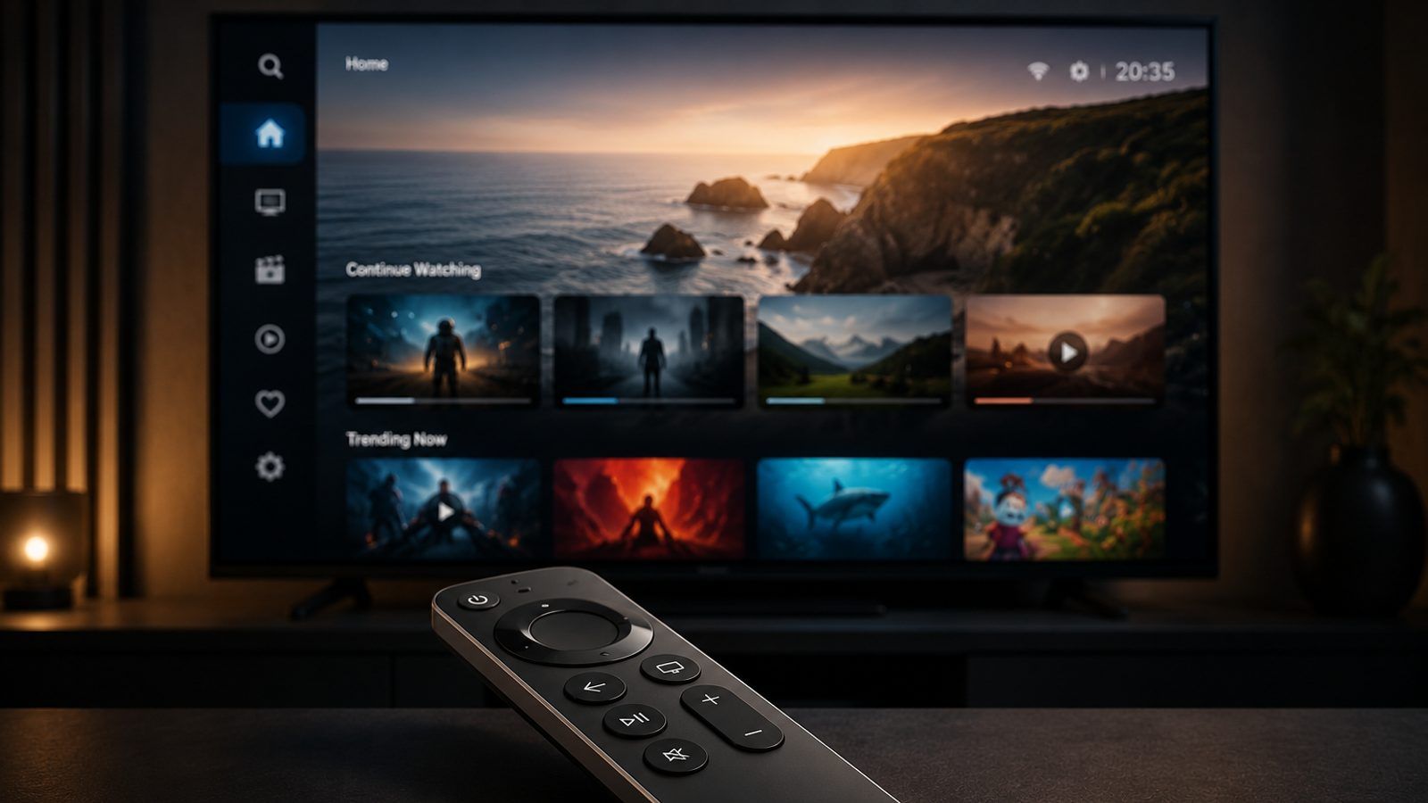Apple TV daljinski i veliki televizor s modernim IPTV plejerom u zamračenoj sobi