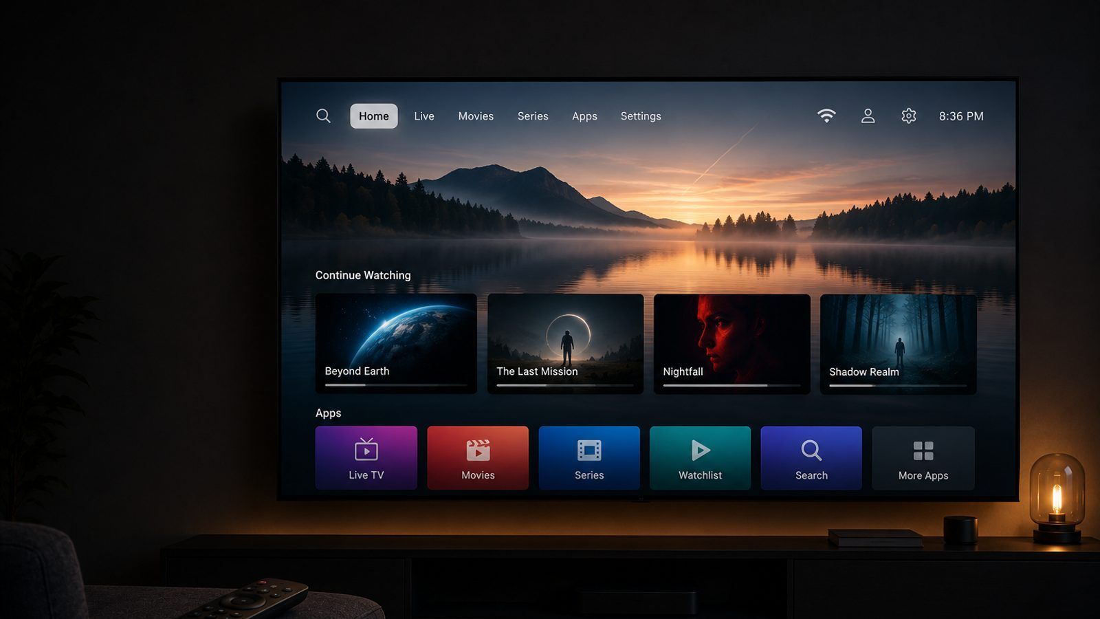 Smart TV i daljinski u zamračenoj dnevnoj sobi s IPTV plejerom na velikom ekranu