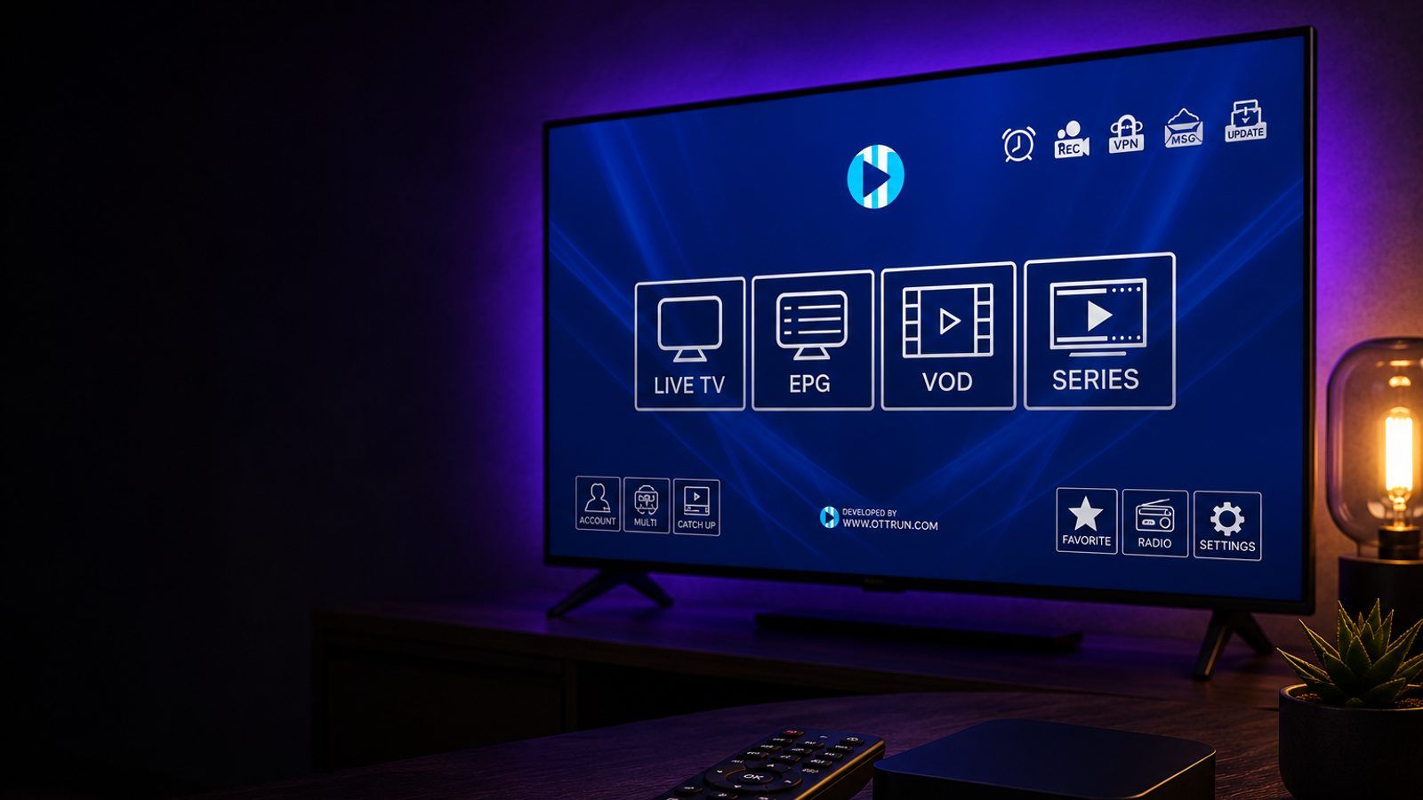 Android TV box i daljinski pored televizora s IPTV plejerom u zamračenoj sobi
